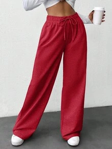 SHEIN Women Solid Color High Waist Straight Pants - Red - View 3