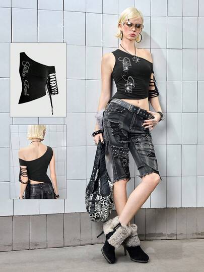 ROMWE Avant Camiseta versátil de mujer de unicolor con texto en inglés impreso, asimétrica, con hombro hueco y ajustada