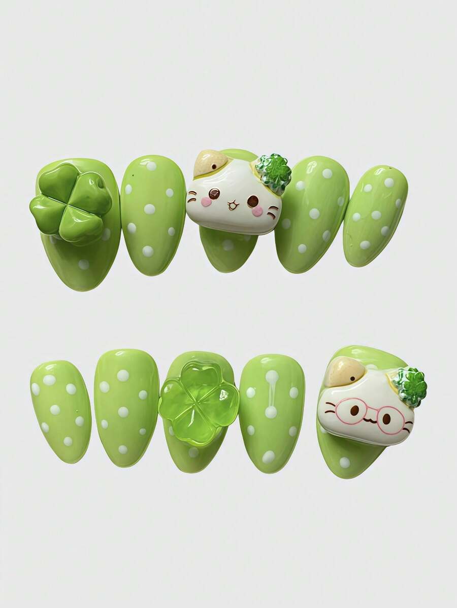 ROMWE Anime 10片Y2K复古星星、波点、条纹、波普艺术、朋克、音符装饰假指甲，手工制作，适合大学、音乐节、约会等场合。 - 綠色 - 查看 1