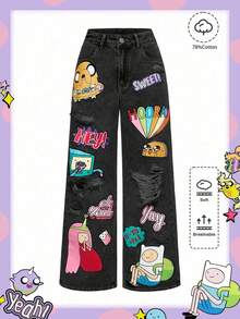 Adventure Time X ROMWE Women Casual Ripped Cartoon Graphic Loose Fit Jeans - Grey - View 7