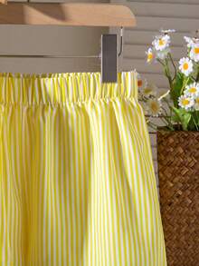 SHEIN Genkimix Kids 2件套女童无袖条纹编织背心，蝴蝶结装饰，松紧腰宽松休闲短裤，夏季 - 黃色 - 查看 3