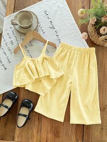 SHEIN LMoss Kids 2pcs Baby Girl Solid Color Sleeveless Top And Loose Casual Pants Set - Yellow - View 2