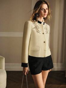 MOTF PREMIUM 水钻细节撞色饰边大衣 - 杏色 - 查看 6