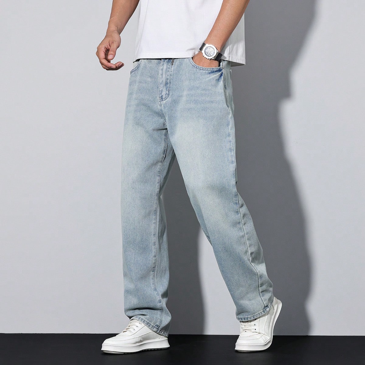 Jeans rectos de unicolor con bolsillo para hombre