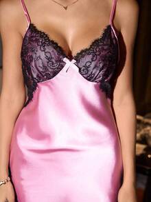 SilkySpell Sexy rückenfreies seitliches Cut Out Splice Kontrastfarben Spitze V-Ausschnitt Damen Nachthemd - Pink - Übersicht 5