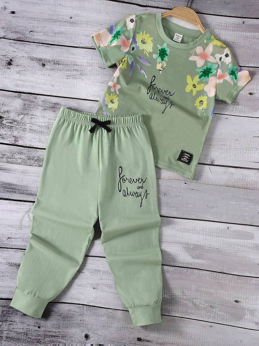 SHEIN Elladie kids 2 件套年轻女孩花卉印花休闲 T 恤和裤子套装，适合户外、运动、春季、夏季、秋季