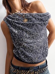 SHEIN BohoFeels Áo thun nữ dáng rộng đính sequin lấp lánh, có vai trần - Xám - Xem 5