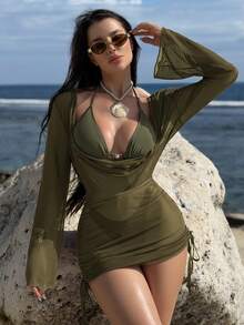 Swim SXY Bộ bikini gợi cảm màu trơn buộc dây cổ cho nữ, kèm áo khoác ngoài rộng rãi, màu xanh lá cây, áo khoác ngoài gợi cảm, đồ bơi có tay, quần áo gợi cảm cho nữ. - xanh quân đội - Xem 2