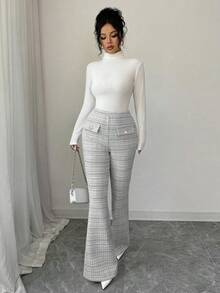 SHEIN Elenzya 2025新款优雅法式蓝色格纹弹力粗花呢设计收腰修身珍珠纽扣松紧腰喇叭裤休闲百搭金银丝饰边假日秋季女裤 - 黑色 - 查看 4