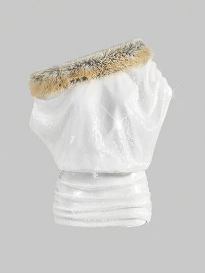 ROMWE Avant Vestido mini asimétrico de hombro para mujer con cuello de piel sintética de parches con brillo estilo Y2K