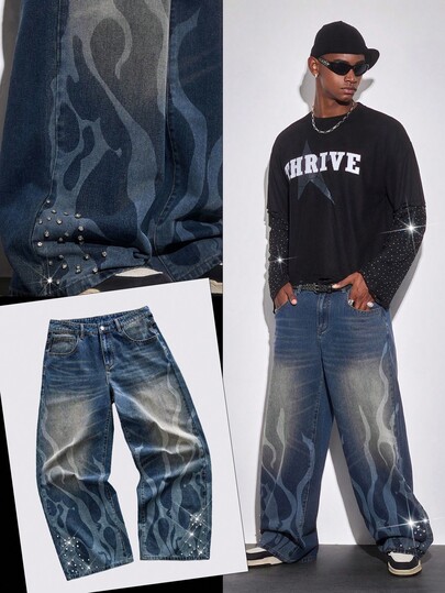 Street Life Men's Flame Pattern Pocket Wide Leg Loose Casual Jeans