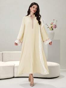 Yasmyna Embroidered Trim Contrast Color Block Mandarin Collar Long Tunic Kaftan Jalabiya Dress - Khaki - View 7