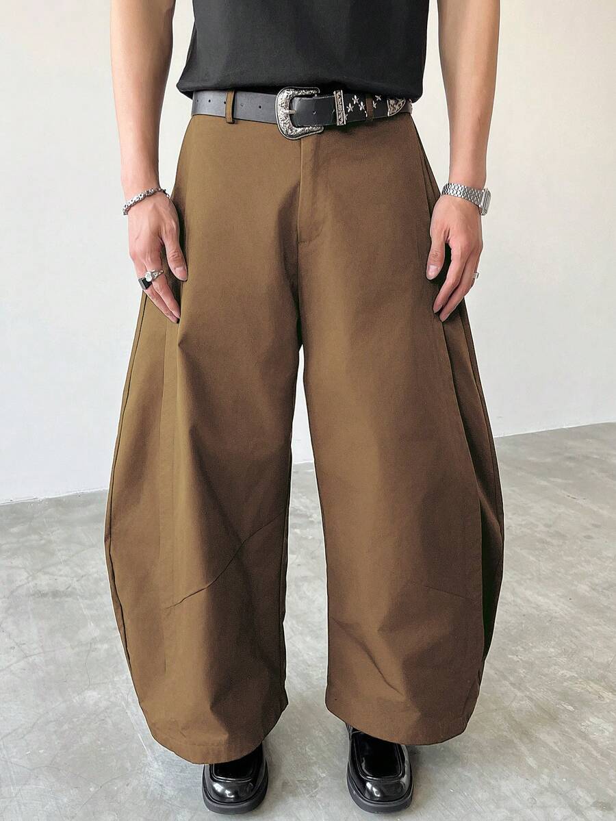 Manfinity EMRG Pantalones casuales sueltos de pierna ancha con hoja curva de unicolor para hombre - Caqui - Ver 1