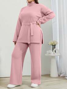 Solid Color Turtleneck Casual Sweater 2pcs/Set - Pink - View 6