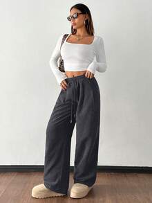 SHEIN PETITE Women's Autumn And Winter Street Fashion Casual Retro Corduroy Textured Pants Women Pants Loose Pants For Women Harem Pants Women Baggy Pants Drawstring Pants Corduroy Pants For Women Womens Wide-Leg Pants - Grey - View 9