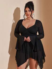 SHEIN BAE Đầm dài tay xuyên thấu dáng suông bất đối xứng, cỡ lớn, thích hợp cho mùa xuân/hè, thanh lịch, thích hợp cho các buổi hẹn hò và đi chơi. - màu đen - Xem 6