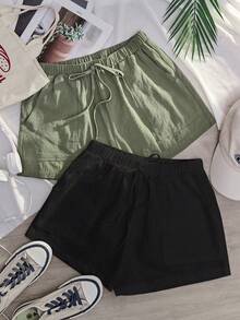 SHEIN EZwear 2 条装纯色松紧腰系带斜口袋短裤