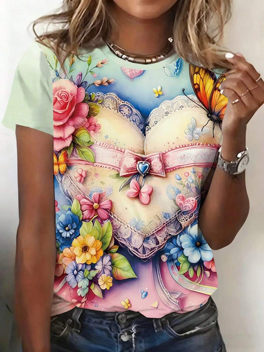 EMERY ROSE 情人节爱心花卉印花复古T恤，圆领短袖上衣，女士春夏款 - 彩色 - 查看 1