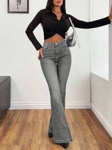 Slim Fit High Waist Flared Comfort Denim Jeans - Grey - View 4