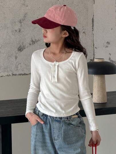 DAZY Tween Girls Solid Color Knit Long Sleeve T-Shirt