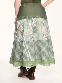 ROMWE Fairycore 田园风复古绿色格子拼接花卉蕾丝边大码女裙，复古乡村秋冬大码女裙 - 彩色 - 查看 3