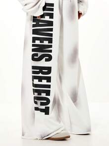 SUMWON WOMEN Oversized Wide Leg Graphic Joggers With Heaven's Reject Print Side Stripe Detail Relaxed Fit Sweatpants - White - View 4