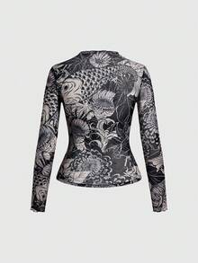 ROMWE Avant Spring/SummergraphicWomen's New Chinese Style Mesh Koi Fish Textured Semi-Sheer Long Sleeve Top - Multicolor - View 3