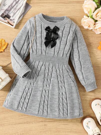 SHEIN Vestido de suéter con cuello redondo, cintura entallada y lazo, manga larga, tejido con trenzas, estilo vintage para niña, adecuado para uso casual al aire libre en otoño/invierno
