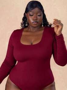 CurvyTilda Plus Size Casual Solid Color Long Sleeve Bodysuit, Fall Clothes For Women, For Hourglass Body Shape, For Body Shape, For Summer - Burgundy - View 5