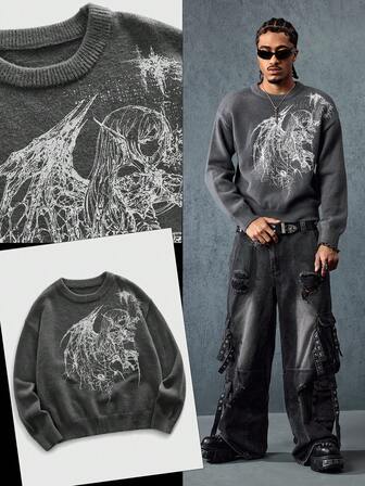 Suéter holgado informal con gráfico de personaje de anime oscuro, de caída de hombros para hombres, otoño/invierno