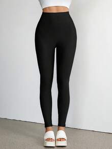 SHEIN Tall 纯色基础款女士休闲户外紧身裤 - 黑色 - 查看 8