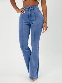 EURMUSE Cotton Women's High Waist Casual Flare Legs Jeans - Blue - View 5