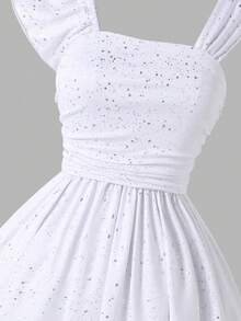 Elegant Loose Shoulder Strap A-Line Dress For Teen Girls, Spring/Summer, Suitable For Vacation, Pleated Design Flattering Silhouette, Versatile For Parties, Outings, Study And More - White - View 7