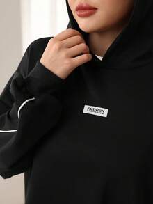 SHEIN Najma Women's Hooded 2 In 1 Ribbed Long Sleeve Flared Arabian Dress - Black - View 6