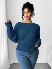 Elenzga Plus Size Batwing Sleeve Drawstring Asymmetrical Knitted Sweater, Thick White Pullover Top For Winter - Royal Blue - View 3