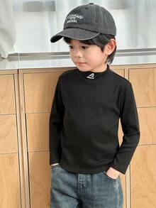 SHEIN Young Boys' Casual Embroidered Stand Collar Long Sleeve T-Shirt - Dark Grey - View 1