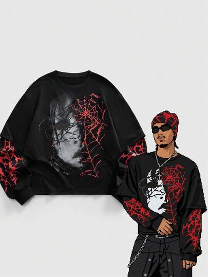 Street Life Camiseta de manga larga con estampado oscuro 2 en 1 para hombre