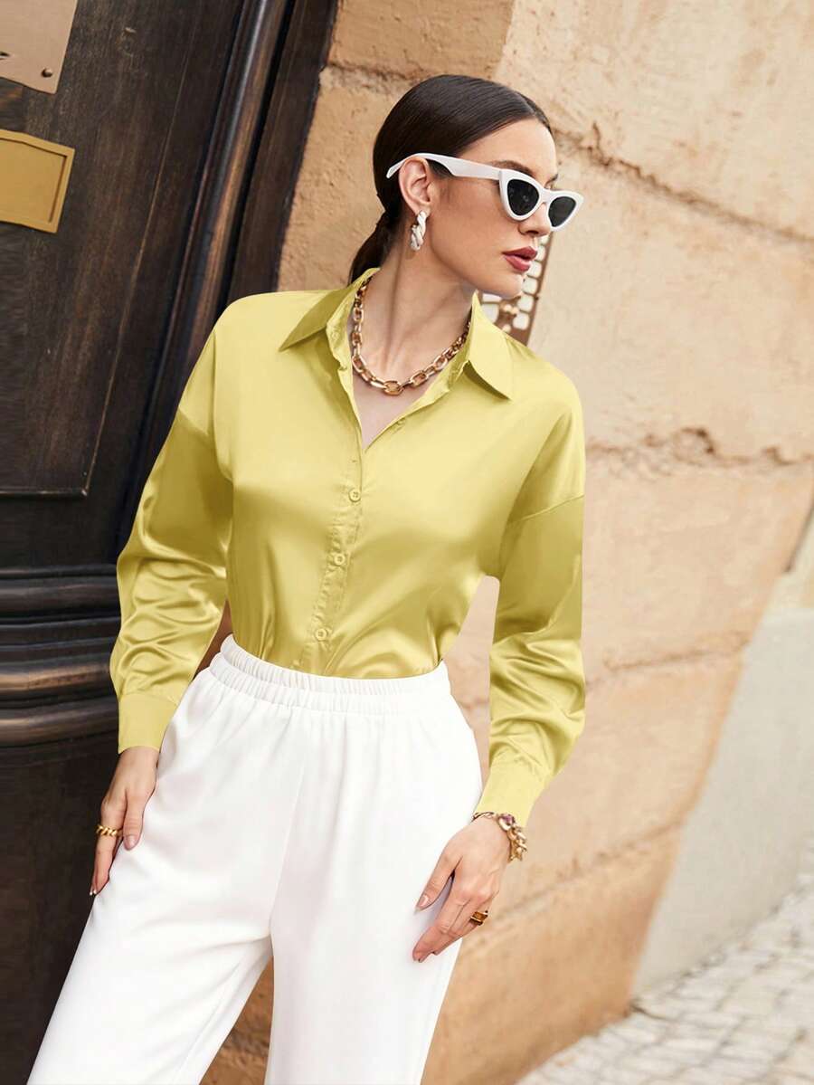 Modelyn Áo sơ mi dài tay màu đỏ Burgundy dành cho nữ - Màu vàng - Xem 1