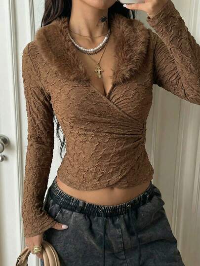 Chiquease Women's Y2k Minimalist Sexy And Cute V-Neck Simulated Fur Collar Anterior Chest Cross Brown Modern Long-Sleeved Spring And Fall Blouse,Suitable For Daily Wear,Commuting,Go To Work Hot Girl Fashionswinter For Women,Christmas,New Year ,White For New Year's Eve,Party,Beach,Elegant,Casual,Casual For Women,Romance, Valentine's Day, Dating,Graduation Season Attire, Fashionable Casual Commuter Wear, Business Office Wear, Versatile And Stylish Everyday Casual Wear, Urban Teacher's Professional Attire