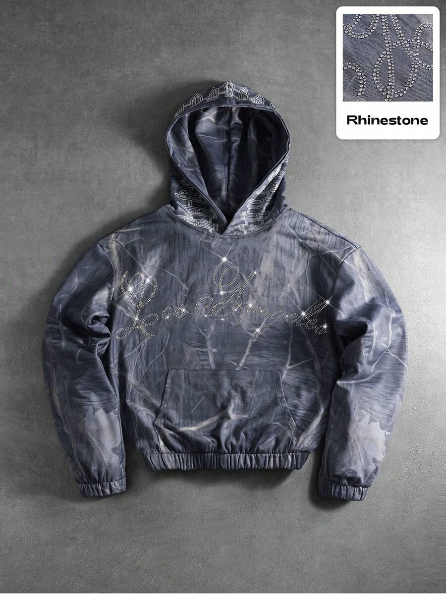 Manfinity Roghcode 1pc Men's Long Sleeve Hooded Sweatshirt,Dark Grey,Autumn,Streetwear,City Break,Printed Branch Pattern With Rhinestone Design,Unisex Couple Matching - Army Green - View 1