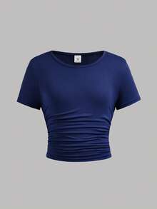 SHEIN Girlism Tween Girl Slim Fit Casual Knit Solid Color Crew Neck Ruched Short Sleeve T-Shirt 3-Piece Set KIDS - Navy Blue - View 6