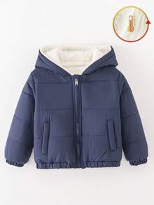 SHEIN Explorewe Young Boy Winter New Zipper Hooded Thermal Lined Thick Real Pocket Casual Classic Padded Coat, Autumn/Winter Kids Winter Coat Kids Jacket Wear Childrens Jacket Kids Coat Wear Kids Winter Coats Toddler Jacket Childrens Cotton Jacket Toddler Winter Coat Children S Cotton Jacket Toddler Boy Winter Coat - Navy Blue - View 3