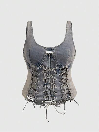 ROMWE Grunge Punk Blusa de mezclilla sin mangas con cuello en U, tirantes con lazo y cremallera, talla grande