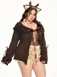 ROMWE Kawaii 大码复古荷叶边棕色开衫毛衣，大码女式翻领蝴蝶结针织套头衫，适合秋冬季穿着 - 棕色 - 查看 1