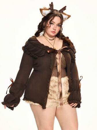 Kawaii Große Größen Vintage Rüschen Saum Braun Strickjacke, Damen Große Größen Umlegekragen Schleife Gestrickter Pullover für Herbst/Winter