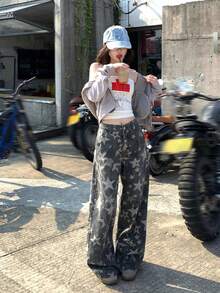 DAZY 女士水洗五角星印花街头复古韩版休闲宽松牛仔裤 - 藍色 - 查看 4