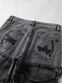 Manfinity Denimwave Men's Casual Distressed Frayed Hem Dark Grey Denim Jeans - Black - View 6