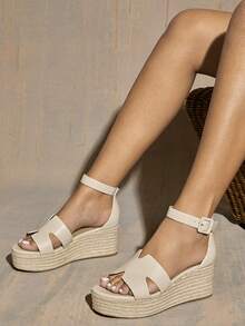 SHUZIA Women Minimalist Ankle Strap Woven Wedge Sandals With Thick Sole & High Heel Mother's Day Present Valentine's Day - Beige - View 2