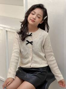 DAZY Girls' Scoop Neck Cardigan With Bow Decor, Fall - Apricot - View 6