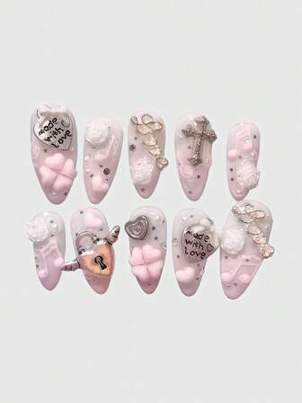 Anime 10 Stück Y2K Retro Stern, Polka Punkt, Streifen, Pop Art, Grunge, Musiknoten dekorative Künstliche Nägel, handgefertigt, geeignet für Uni, Musikfestivals, Dates, usw.